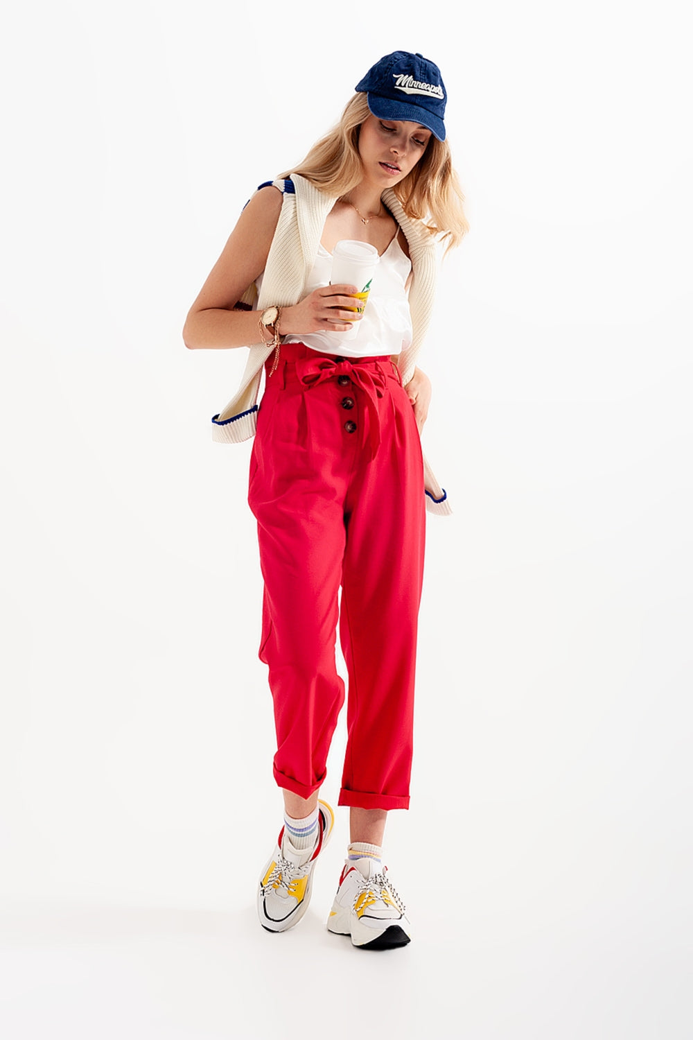 Pantaloni a vita alta con cintura rosso