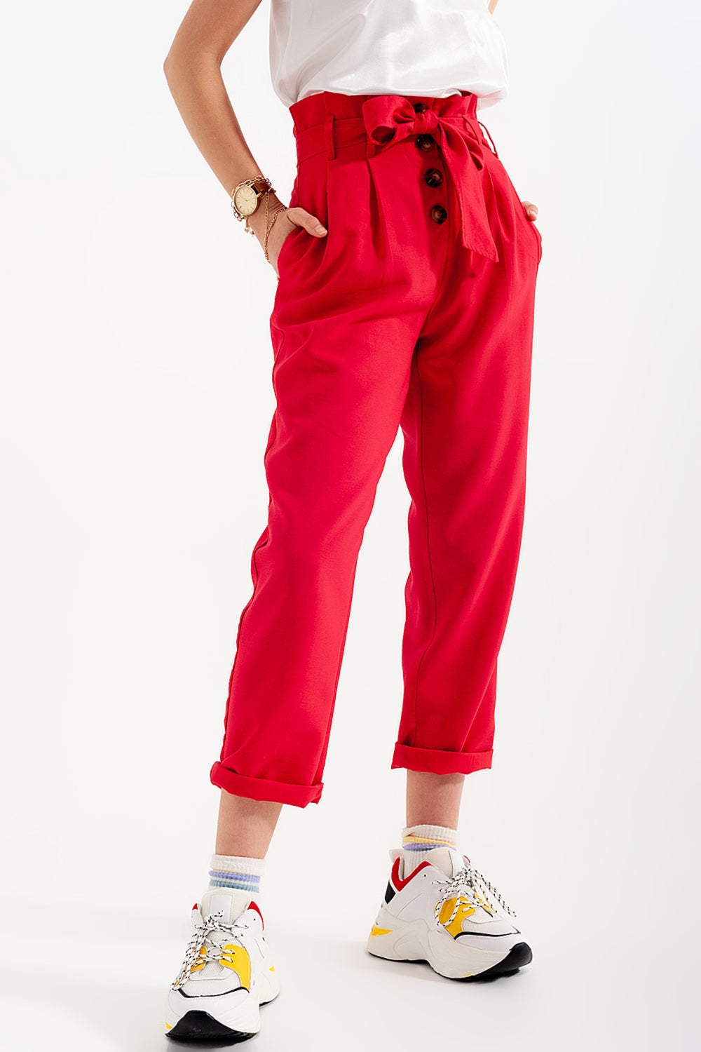 Pantaloni a vita alta con cintura rosso