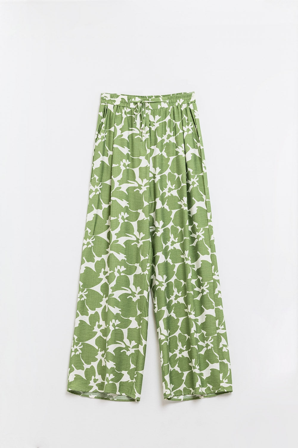 Pantaloni a zampa elasticizzati con stampa floreale verde