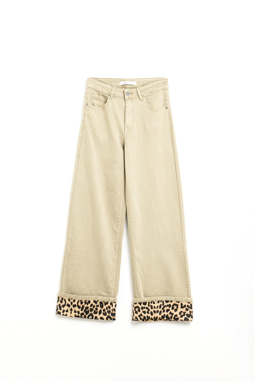 Q2 Pantaloni beige a gamba larga con stampa leopardata sul fondo