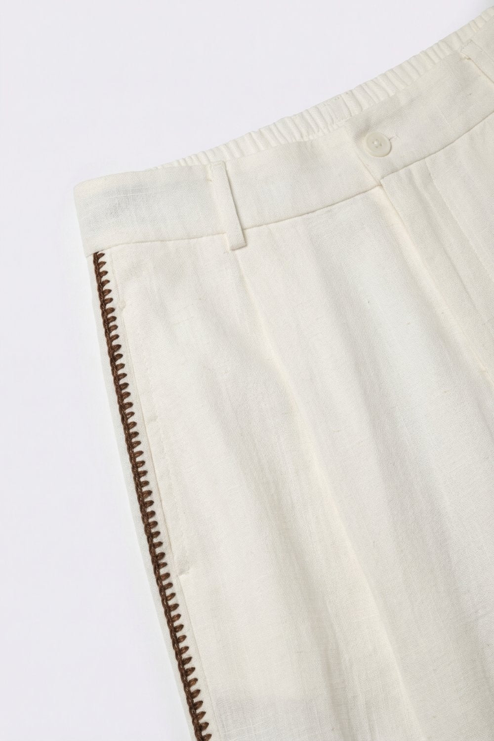 Pantaloni Bianchi a Gamba Larga con Dettaglio Laterale a Zig-Zag Marrone