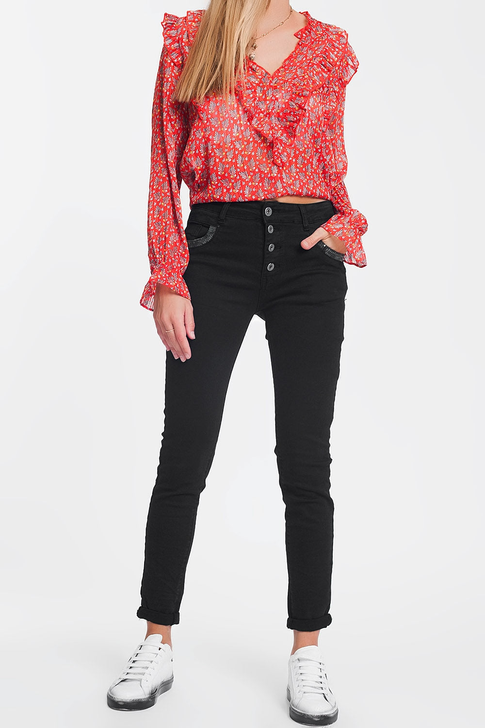 Pantaloni boyfriend nero con dettaglio tascabile di paillettes