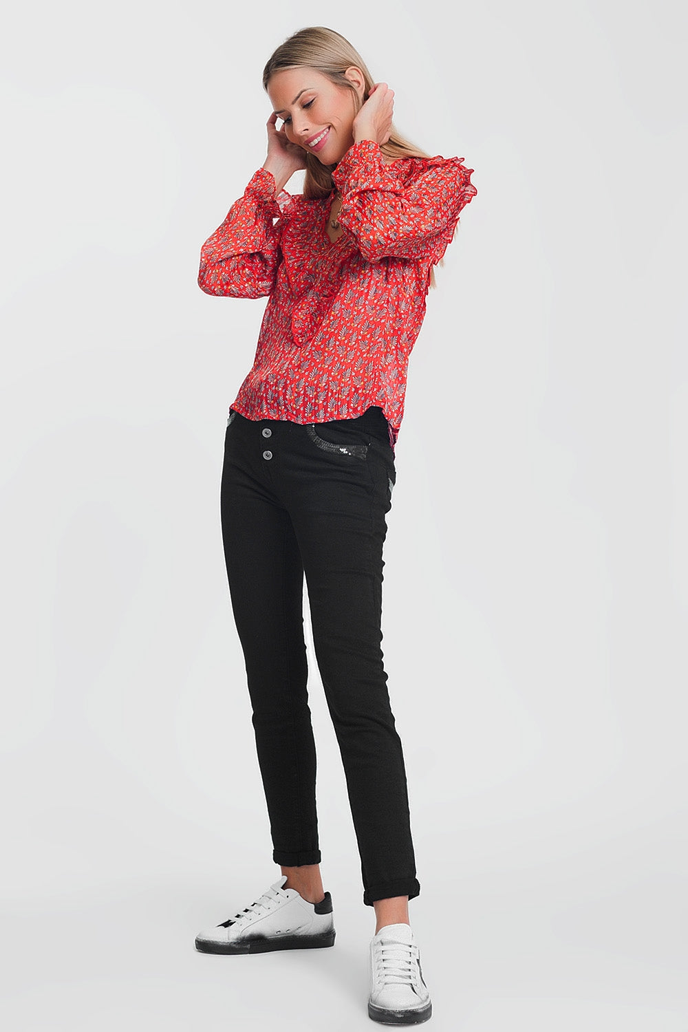 Pantaloni boyfriend nero con dettaglio tascabile di paillettes