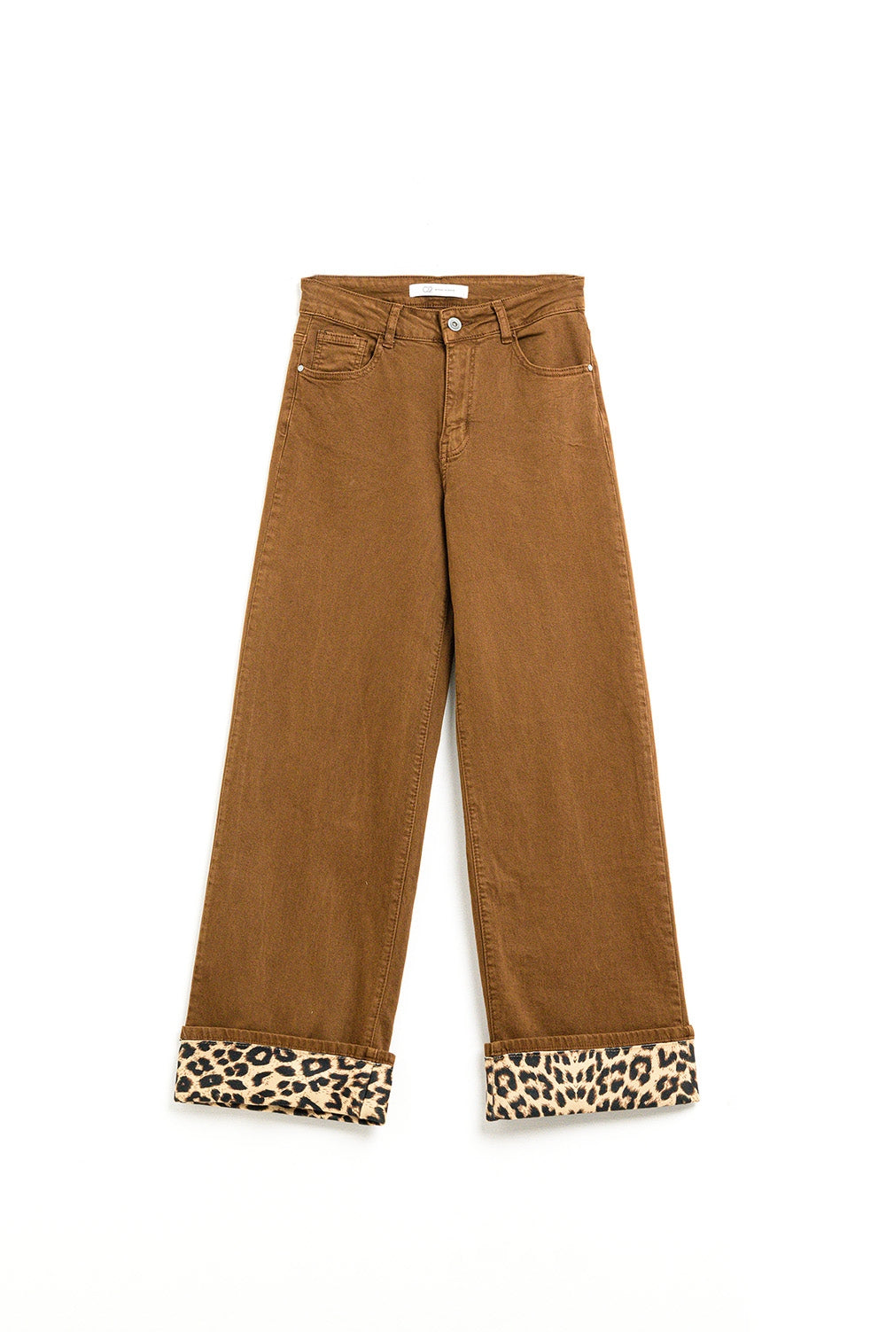 Q2 Pantaloni cammello a gamba larga con stampa leopardata sul fondo