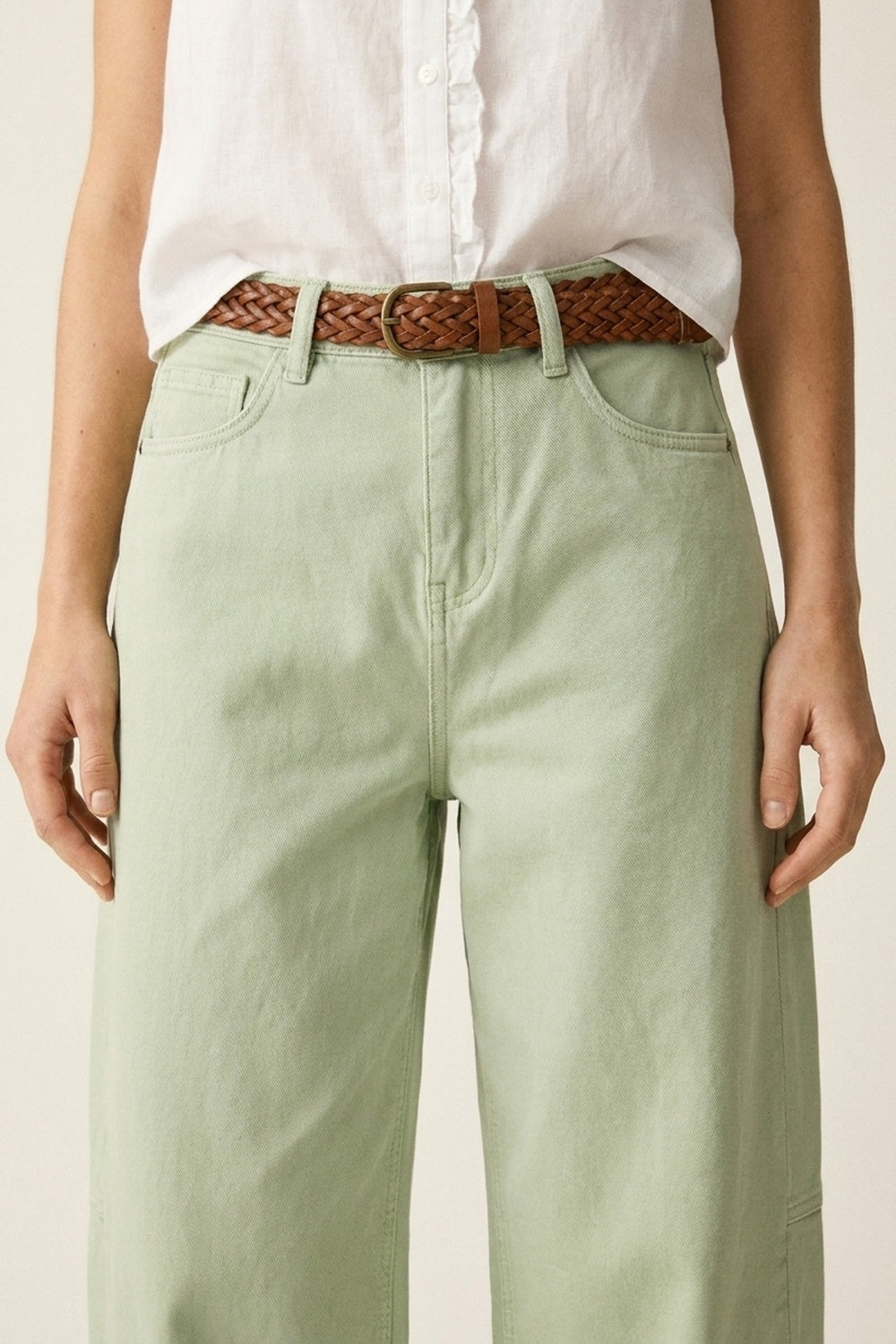 Pantaloni Casual in Cotone Verde Chiaro a Gamba Larga in Stile Barrel