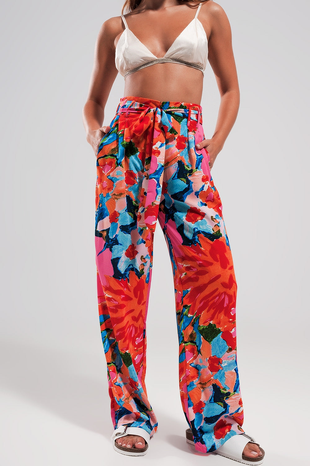 Q2 Pantaloni con elastico sul retro a fiori vivaci