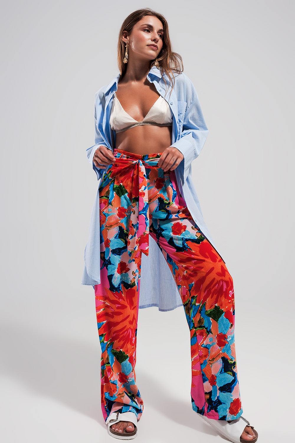 Pantaloni con elastico sul retro a fiori vivaci