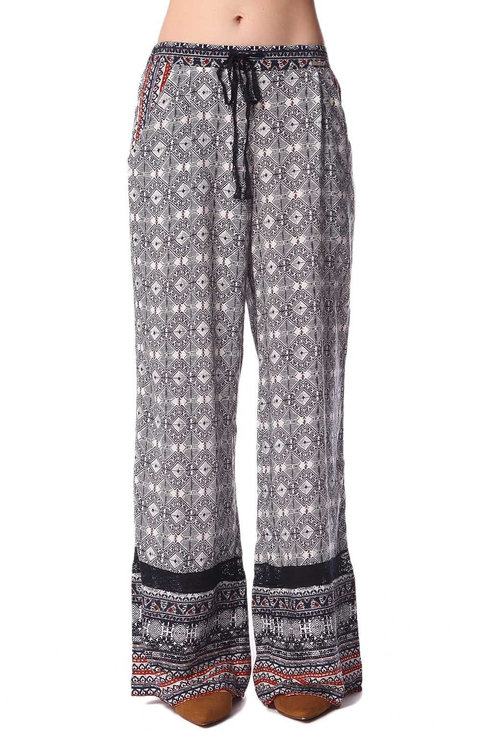 Q2 Pantaloni con fondo ampio blu con stampa etnica e inserto in pizzo