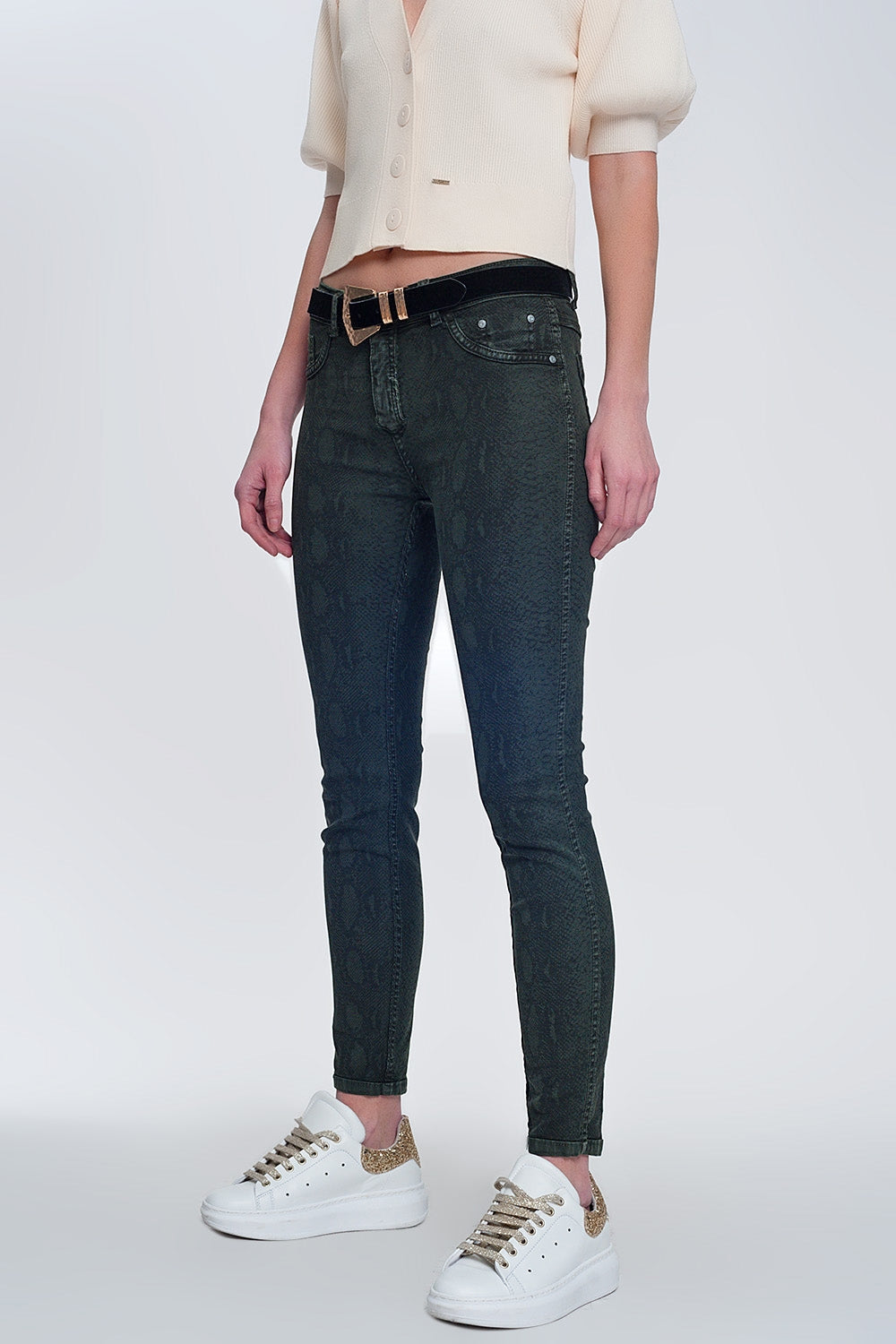 Q2 Pantaloni double-face skinny in kaki pitonati