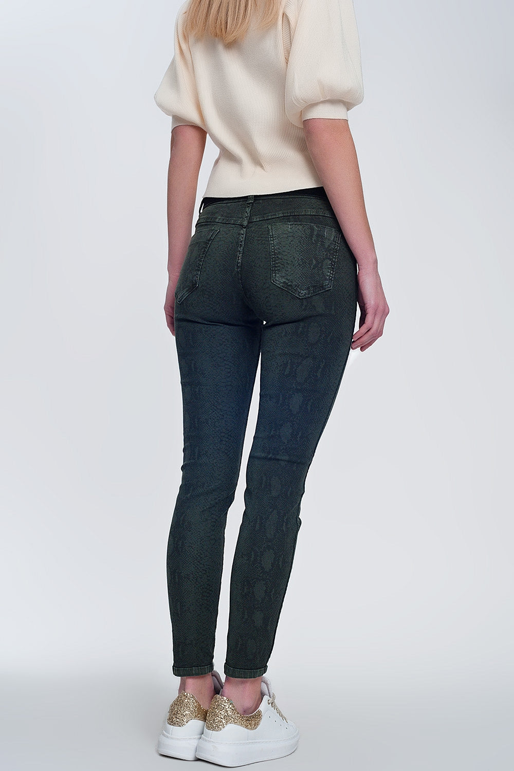 Pantaloni double-face skinny in kaki pitonati