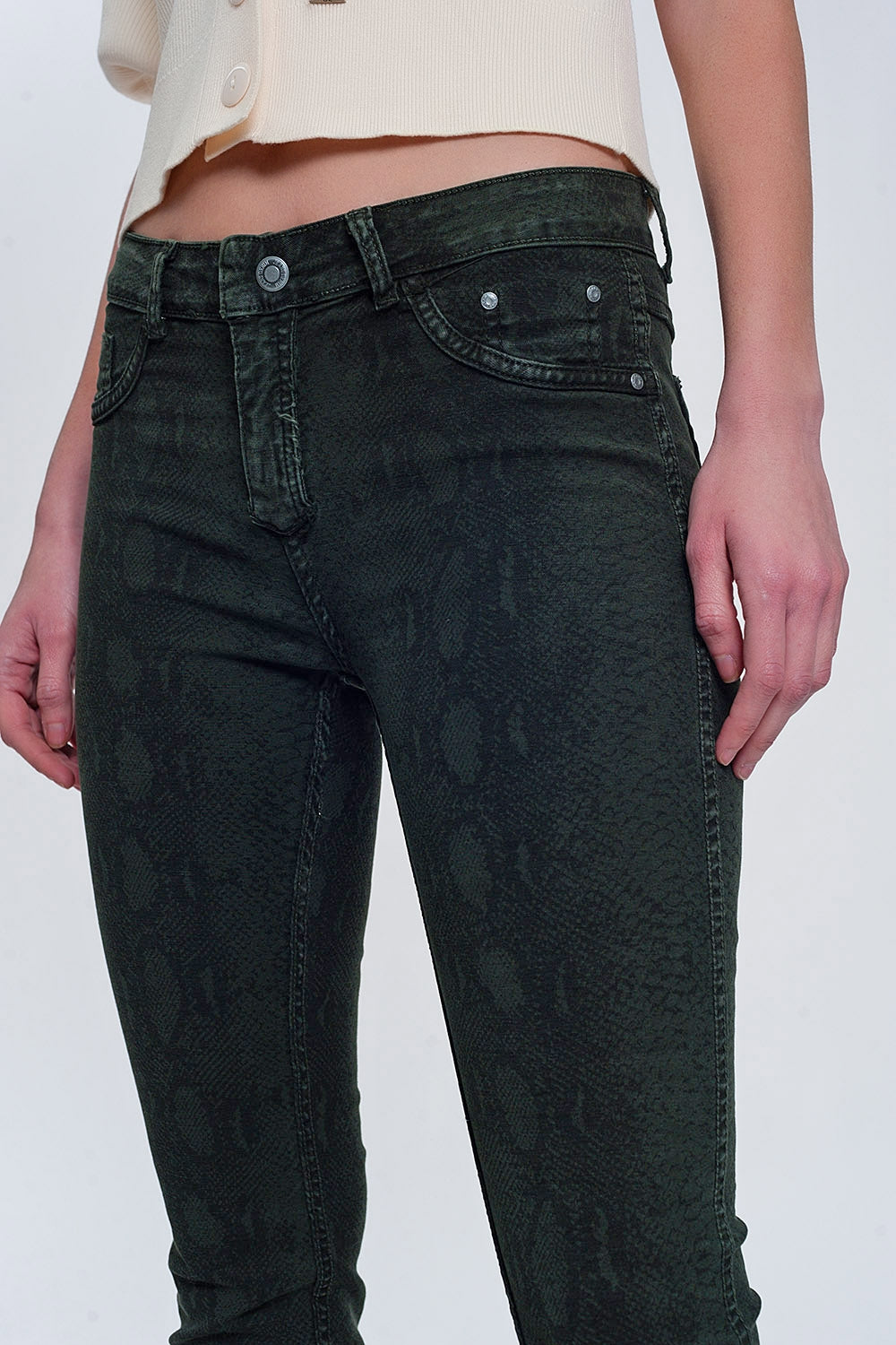 Pantaloni double-face skinny in kaki pitonati