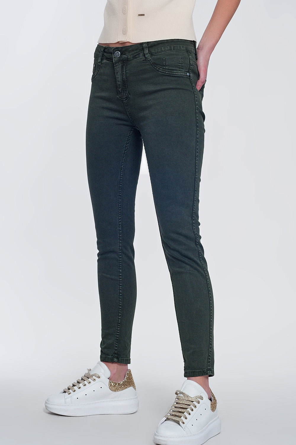 Pantaloni double-face skinny in kaki pitonati