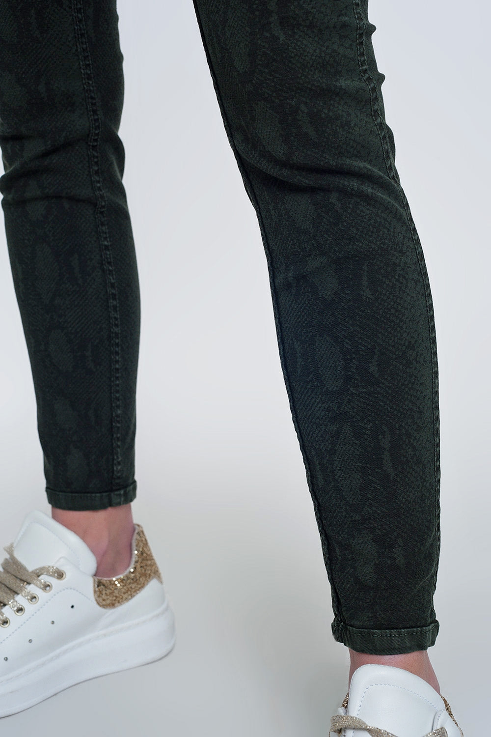 Pantaloni double-face skinny in kaki pitonati