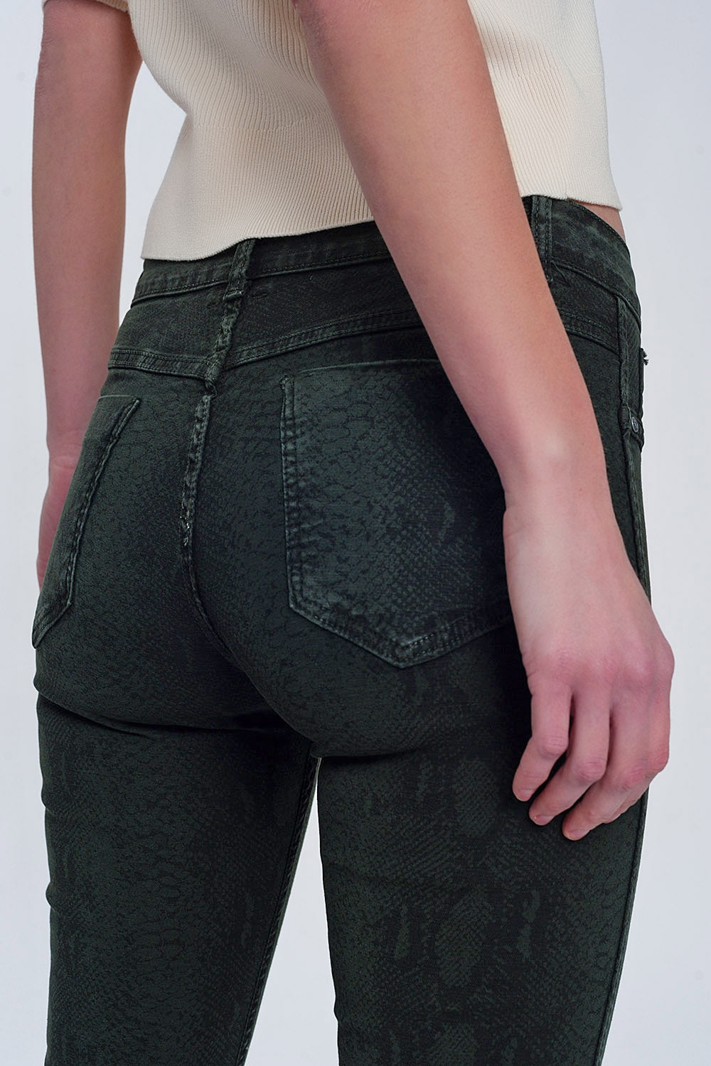 Pantaloni double-face skinny in kaki pitonati