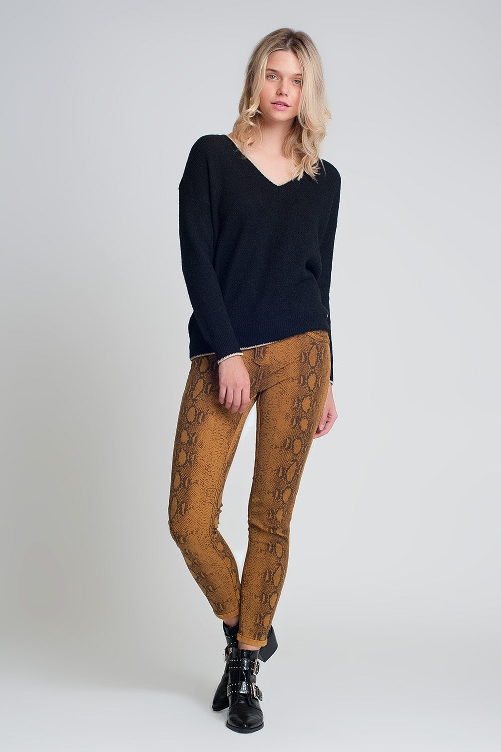 Q2 Pantaloni double-face skinny in Mustard pitonati