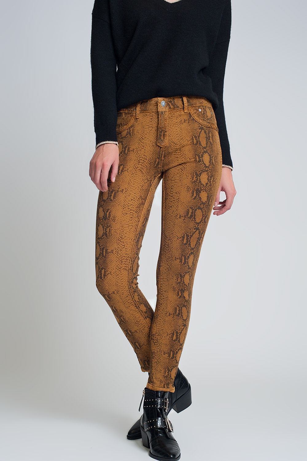 Pantaloni double-face skinny in Mustard pitonati