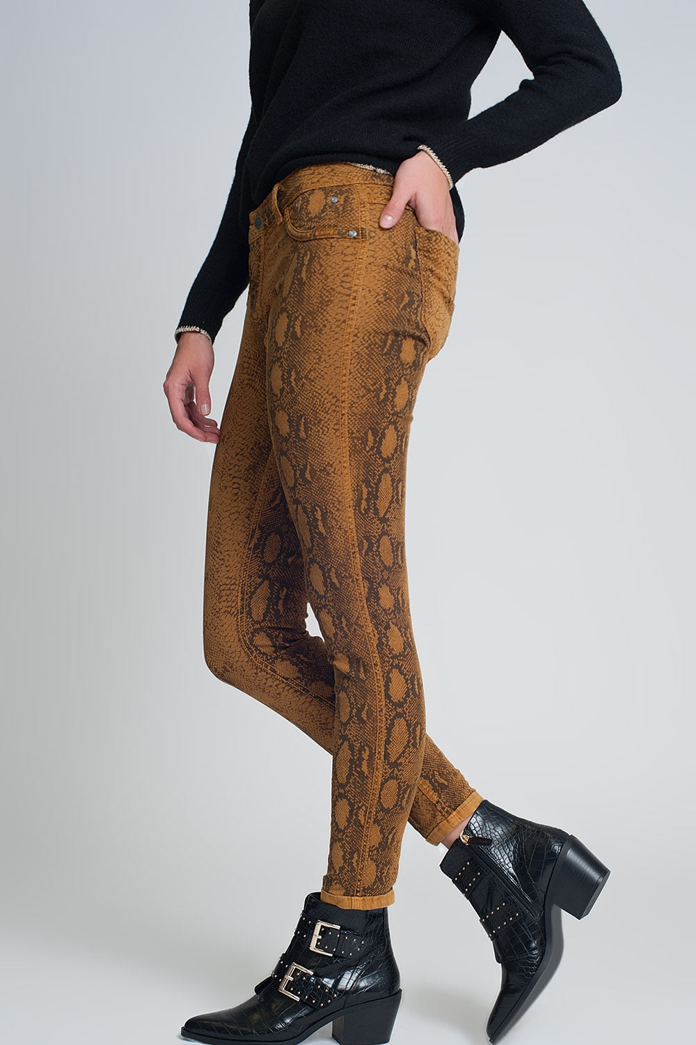 Pantaloni double-face skinny in Mustard pitonati