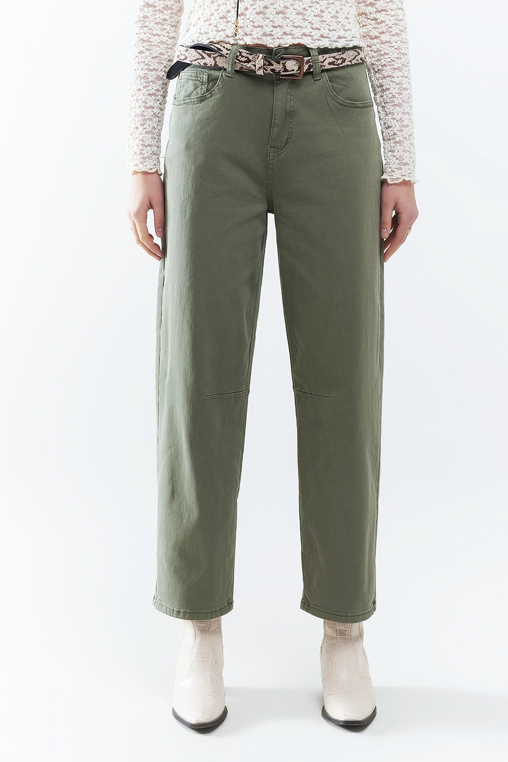 Q2 Pantaloni dritti alla caviglia in khaki con dettagli cucitura al ginocchio