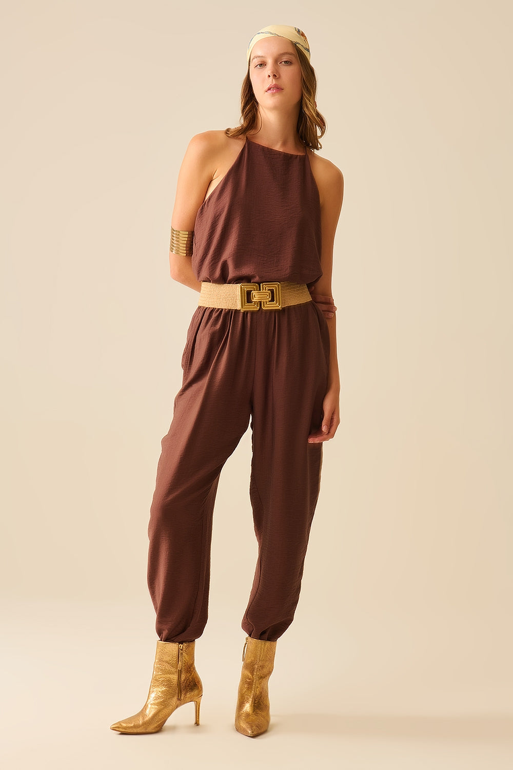 Pantaloni estivi con vita elastica e tasche in marrone