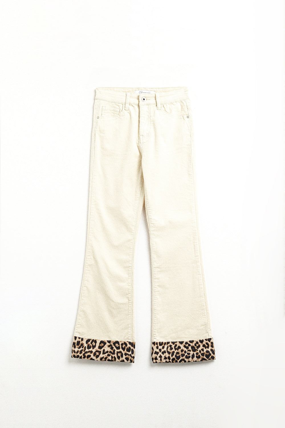 Q2 Pantaloni flare in velluto a coste beige chiaro con stampa leopardata sul fondo