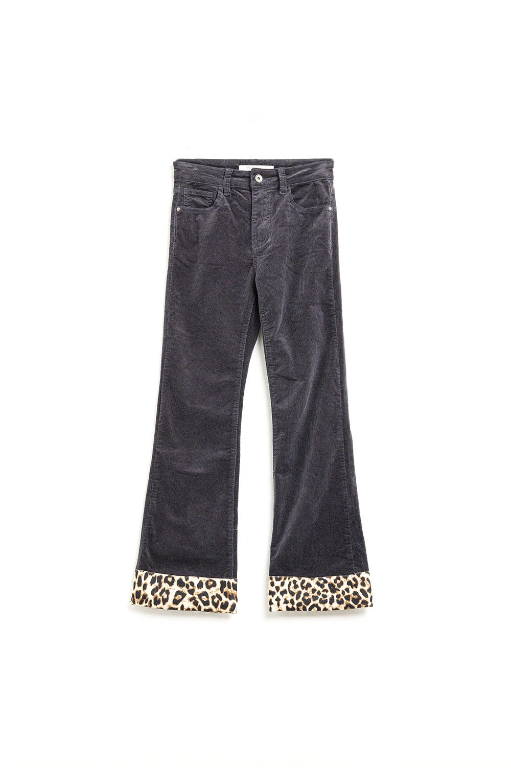Q2 Pantaloni flare in velluto a coste grigio scuro con stampa leopardata sul fondo