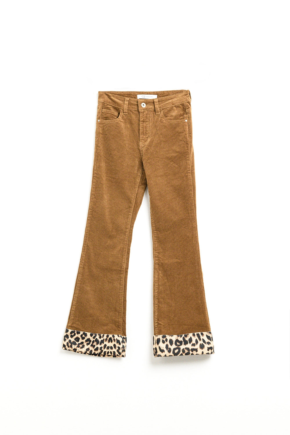 Pantaloni flare in velluto a coste marrone con stampa leopardata sul fondo