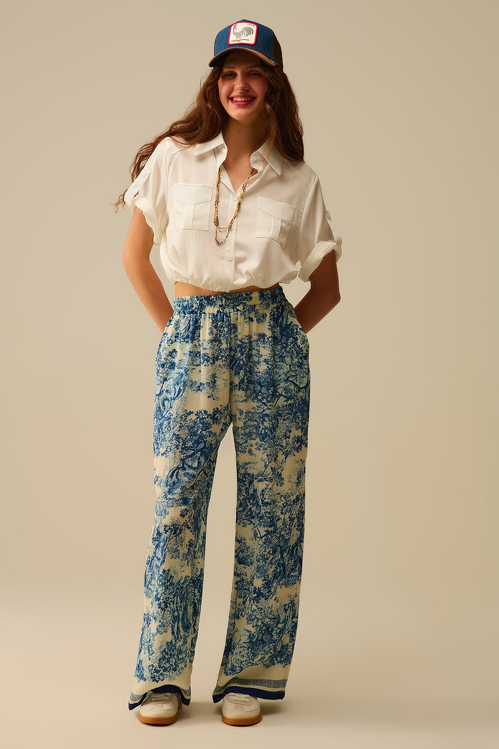 Pantaloni fluidi stampati in Toile de Jouy con vita elastica