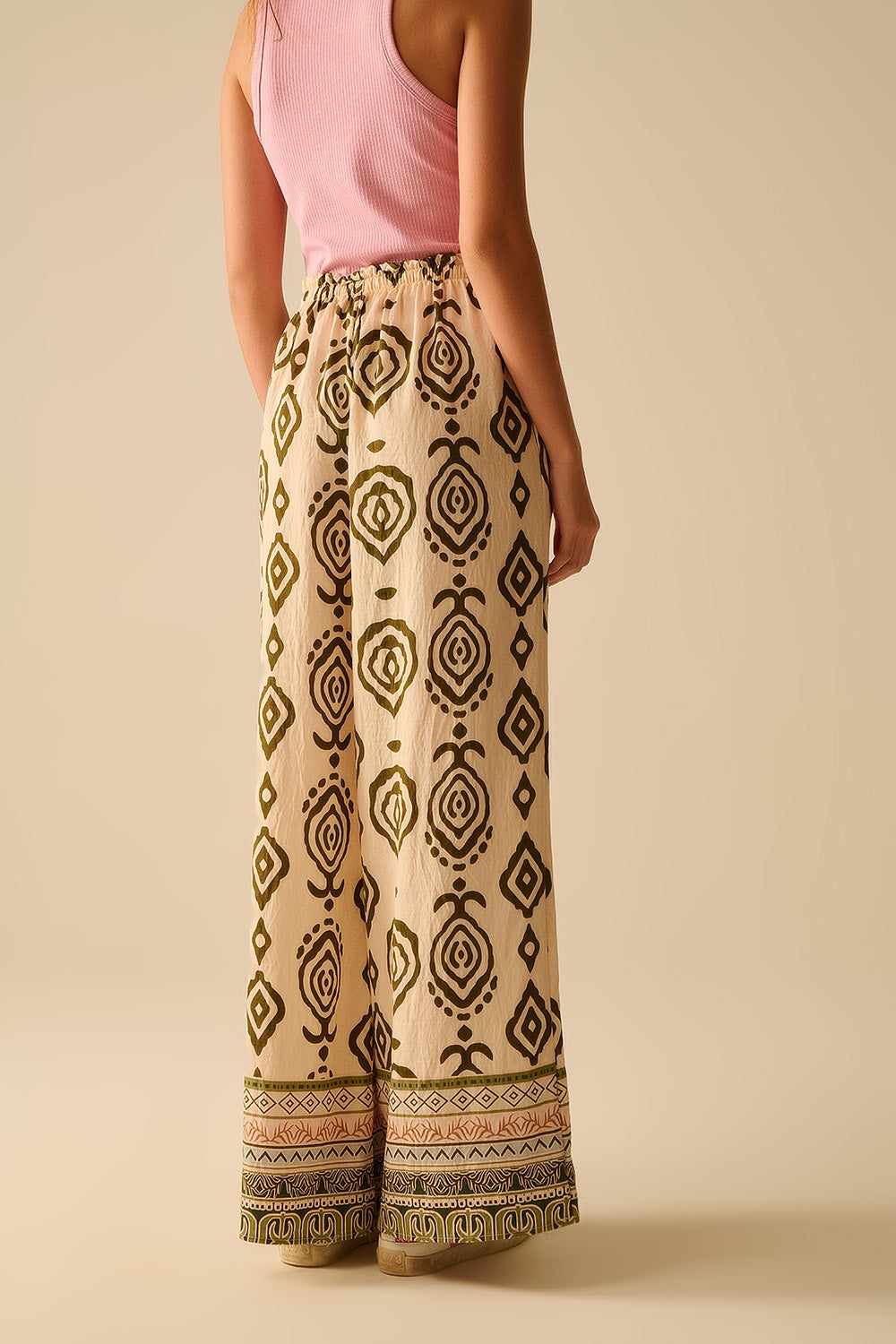 Pantaloni khaki a gamba larga con stampa boho