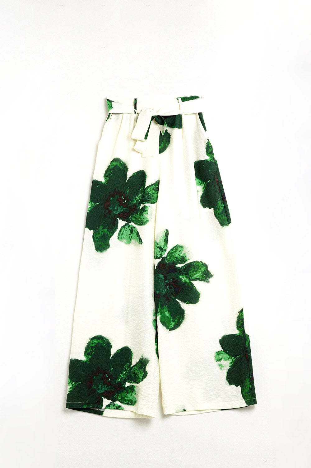 Pantaloni Palazzo Bianchi Con Stampa Floreale Tropicale Verde e Cintura Abbinata