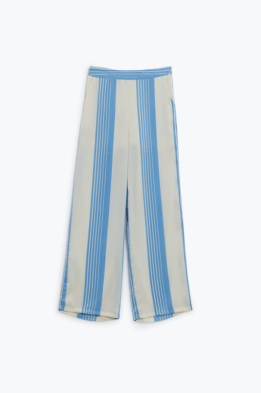 Q2 Pantaloni raso crema con strisce verticali azzurre