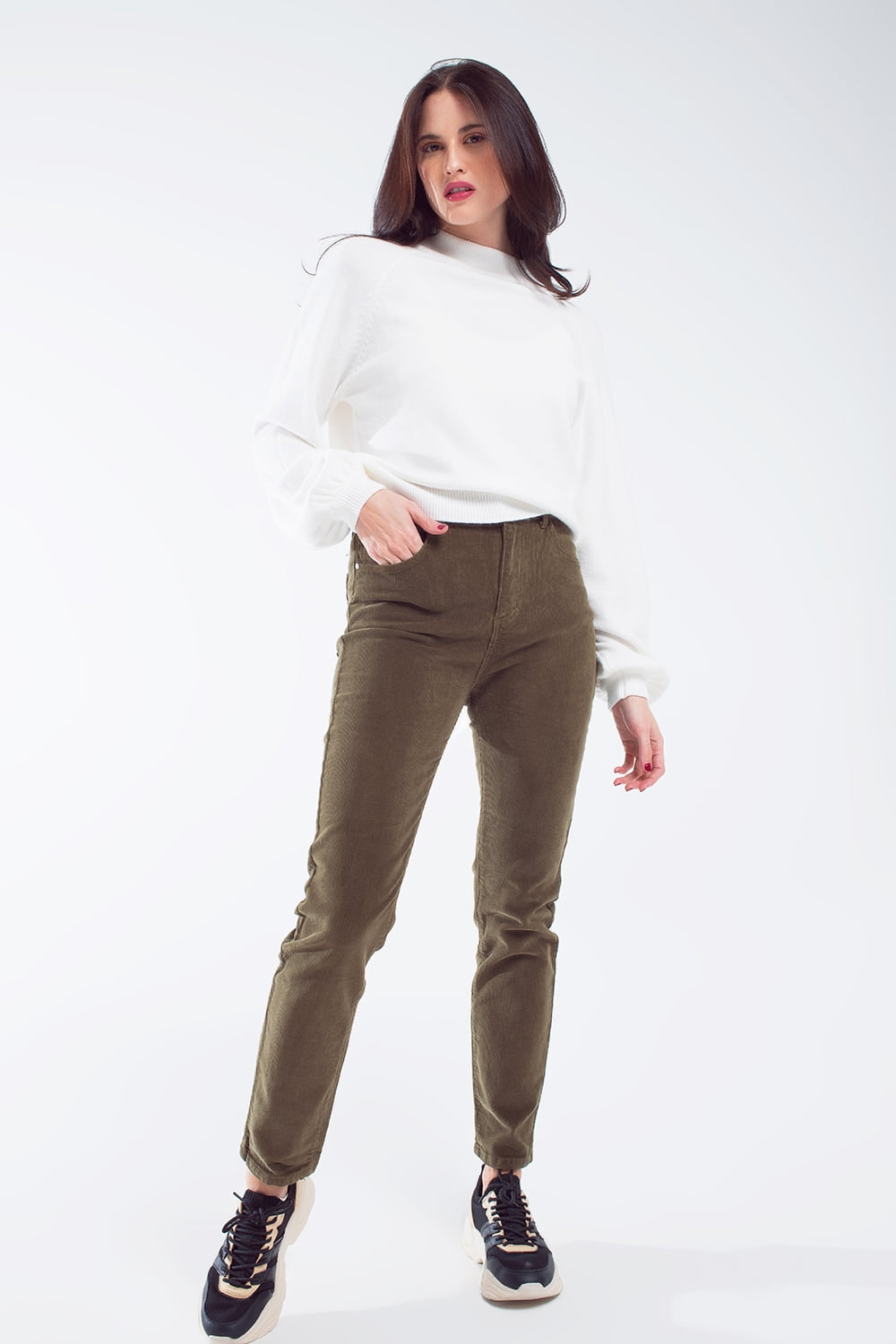 Pantaloni skinny di velluto a coste verde oliva