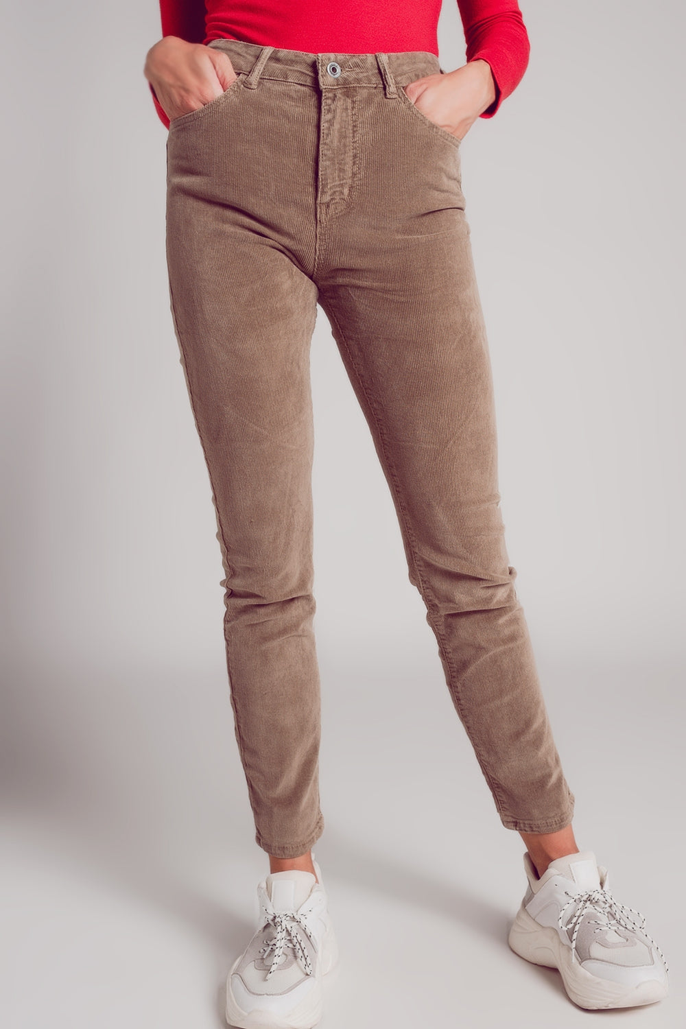 Q2 Pantaloni skinny di velluto in cotone beige