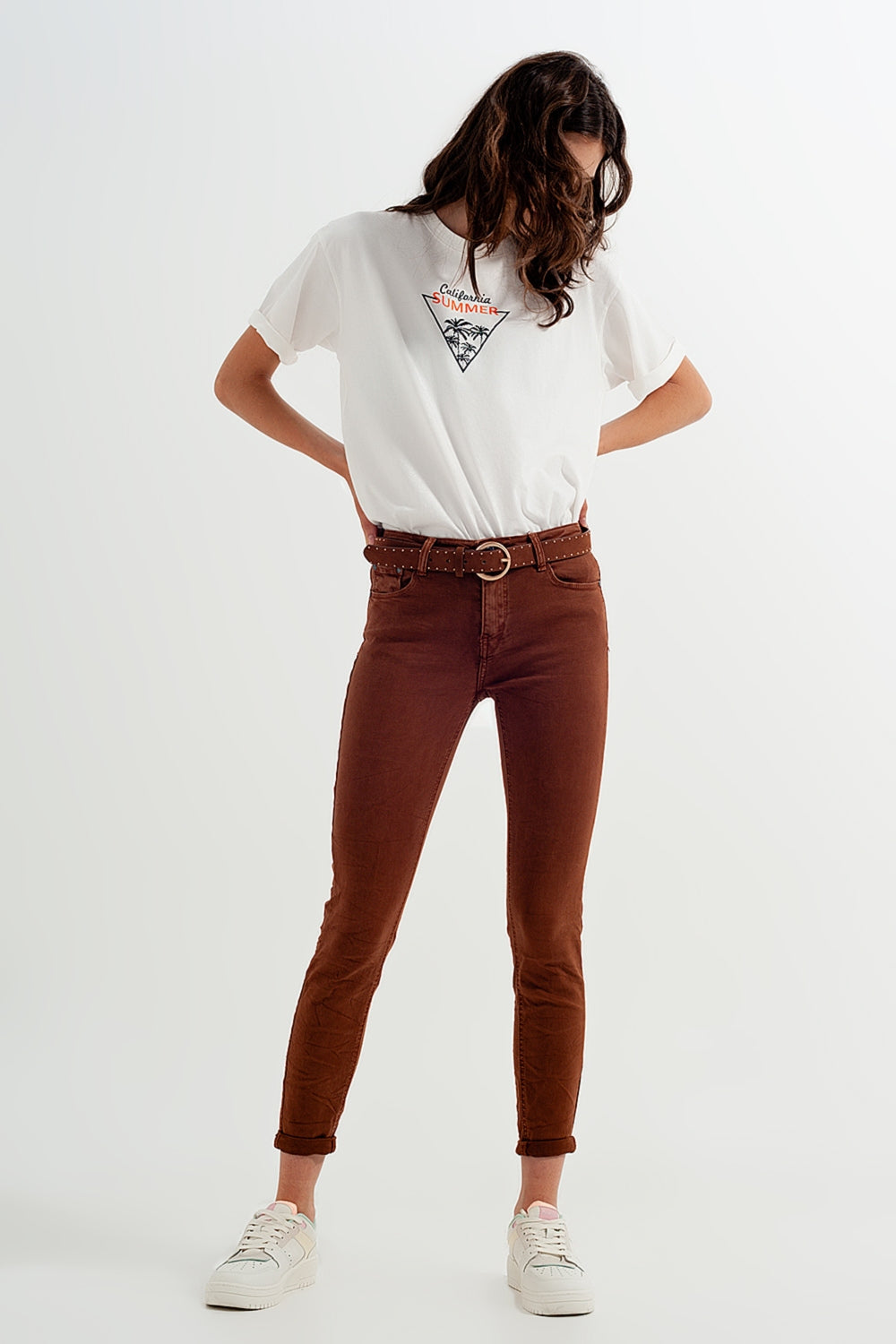 Pantaloni super skinny a vita alta in cammello