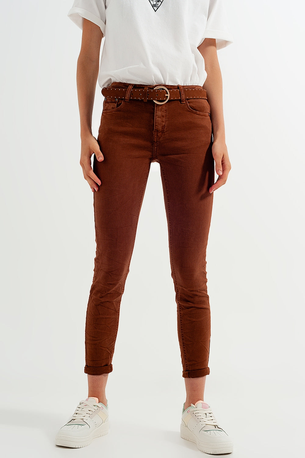 Pantaloni super skinny a vita alta in cammello