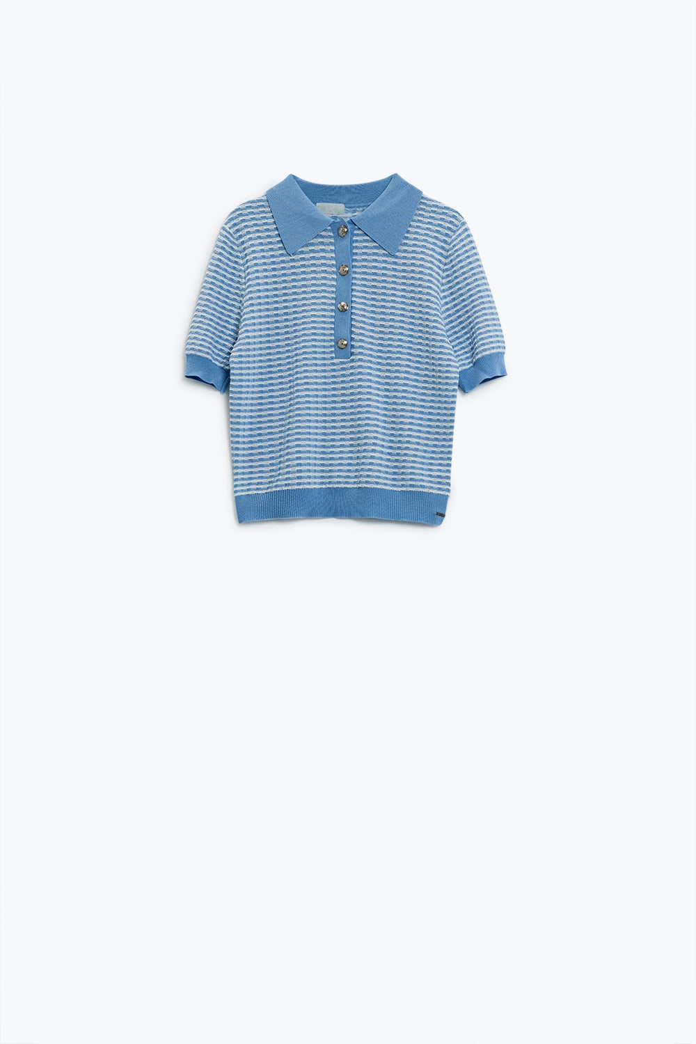 Polo a maniche corte blu con strisce bianche