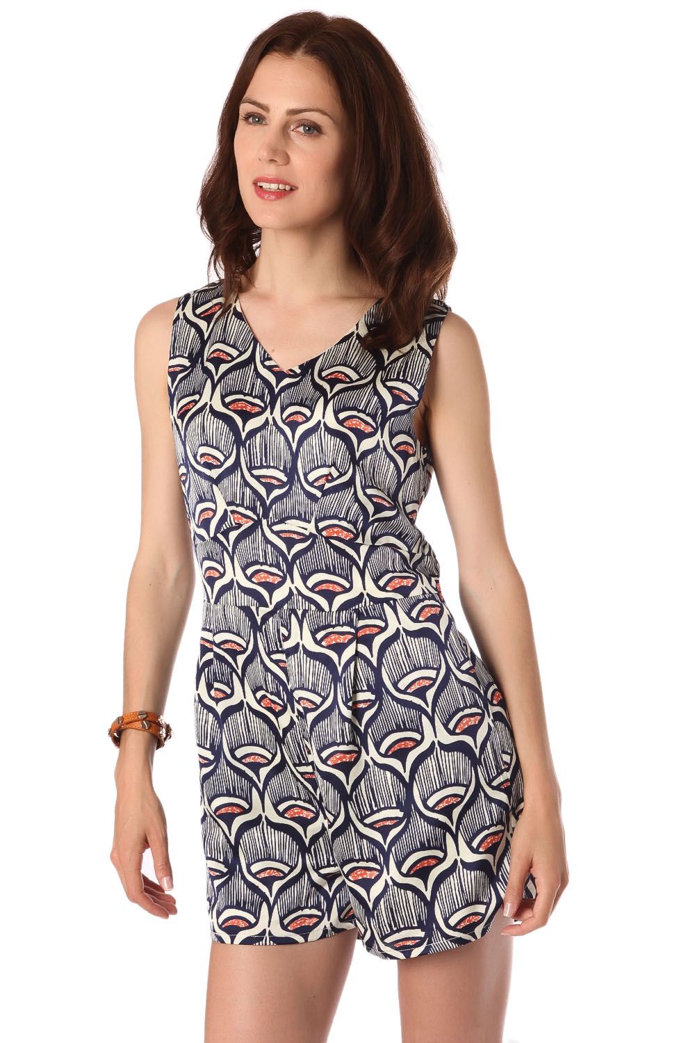 Q2 Salopette corta stampata in seta blu navy