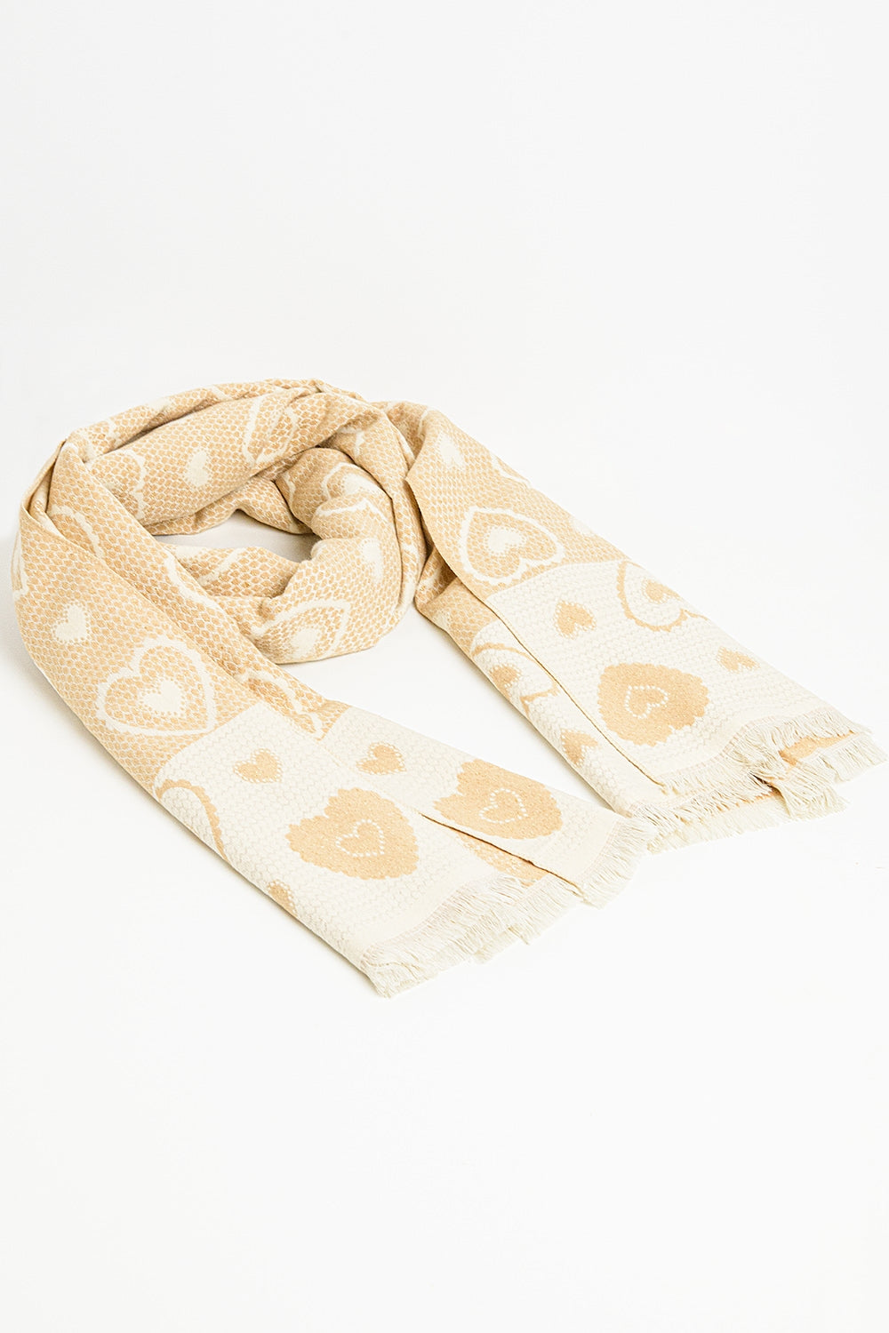 sciarpa beige con stampa a cuore e dettaglio in filo d'oro