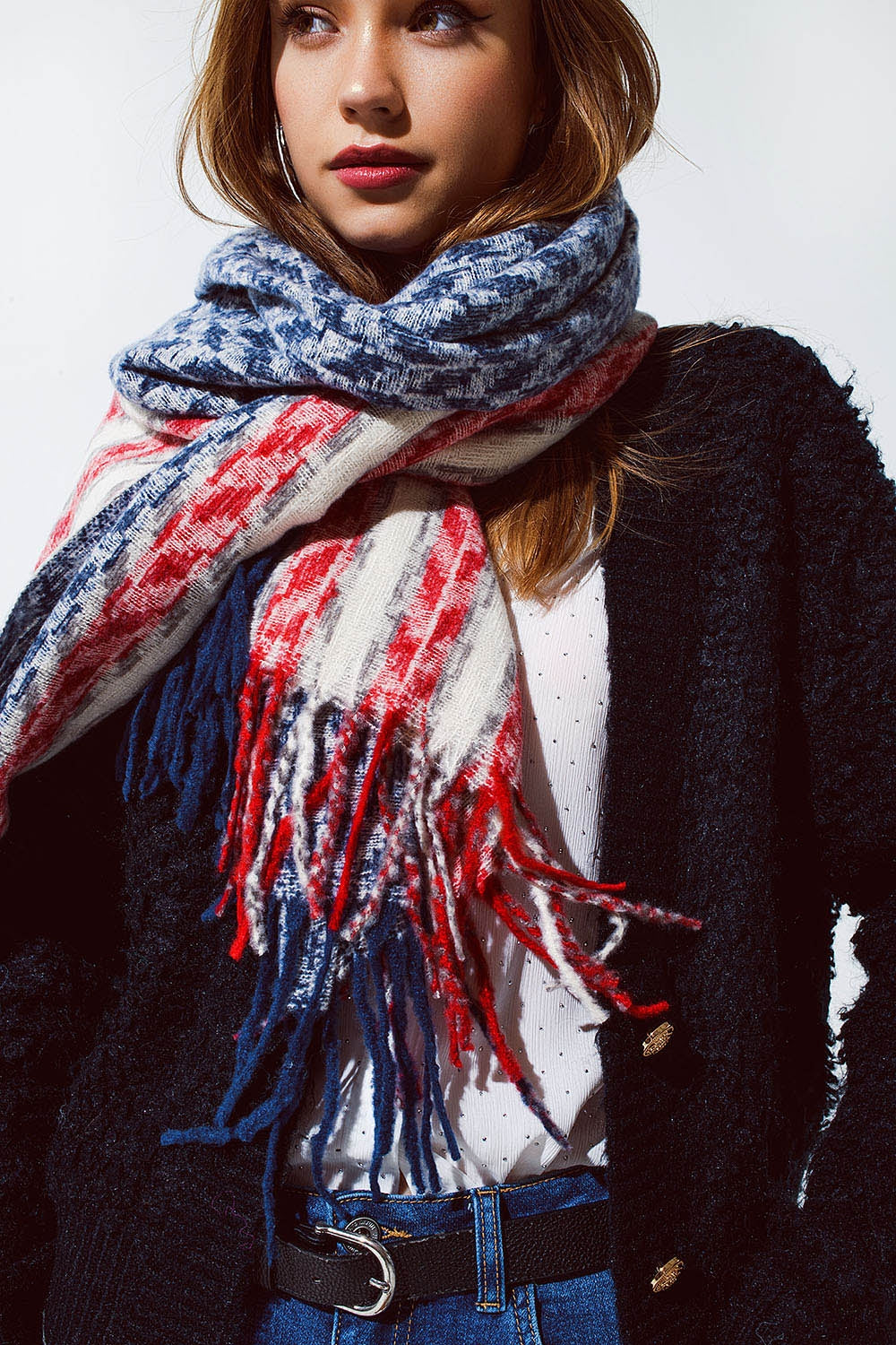 Sciarpa in stile americano Houndstooth in bianco rosso e blu