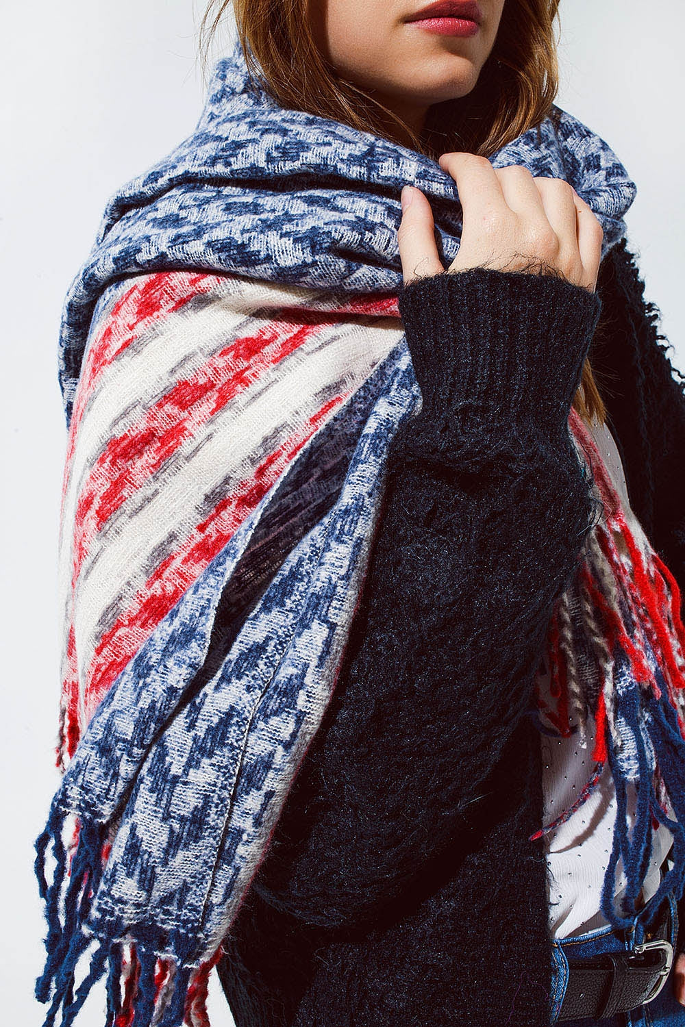 Sciarpa in stile americano Houndstooth in bianco rosso e blu