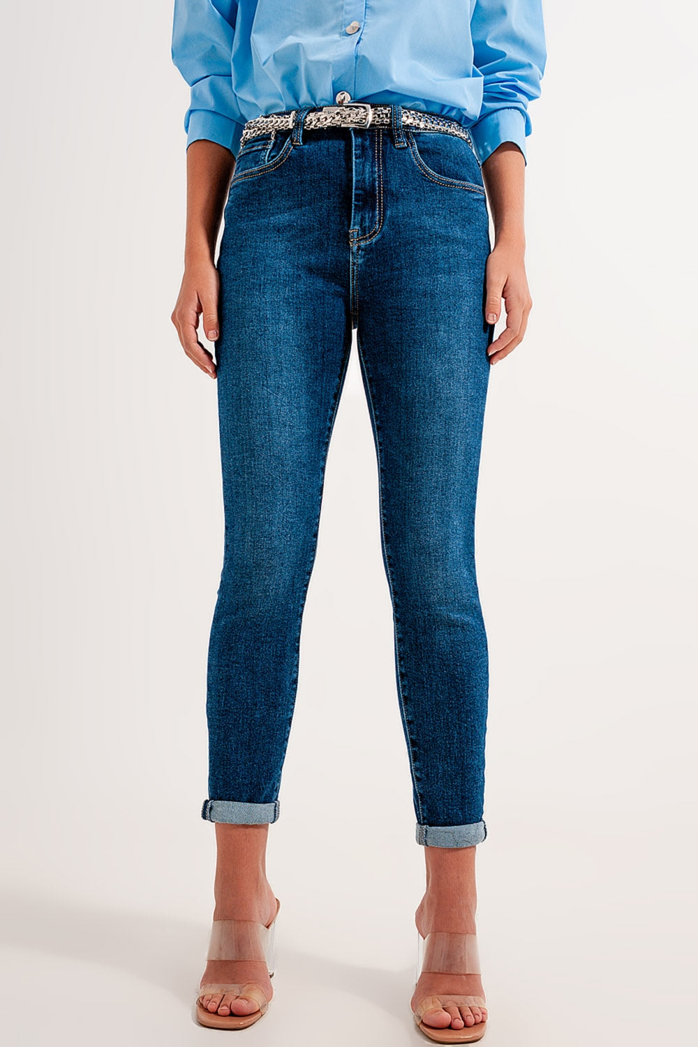 skinny jeans a vita alta lavaggio scuro e risvolti