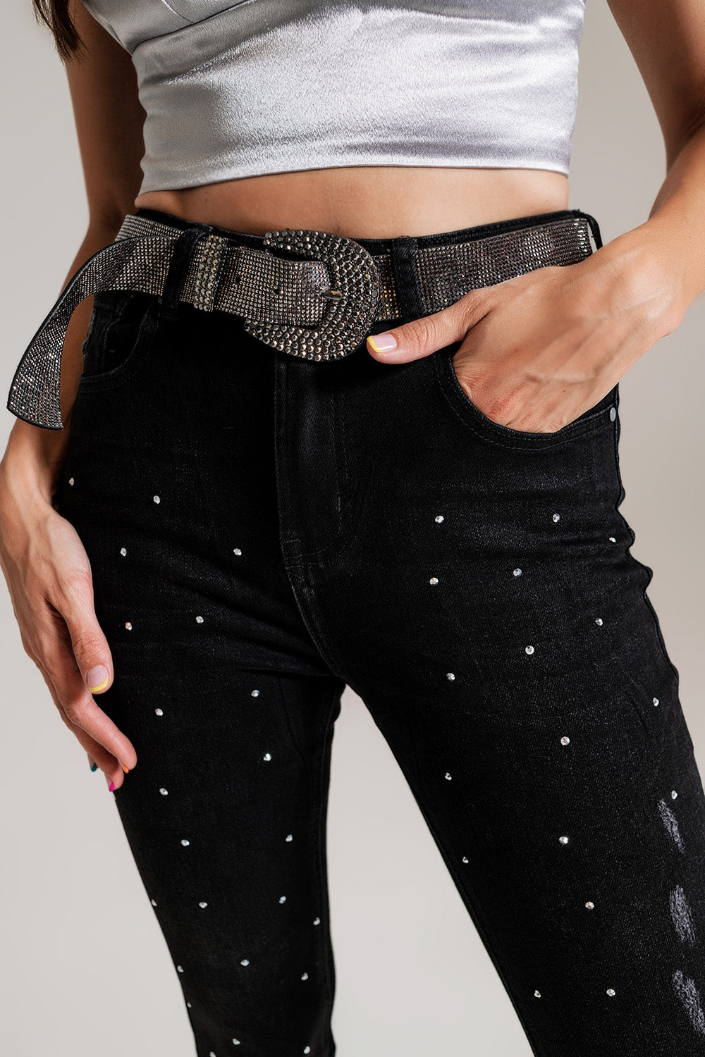 Skinny Jeans Con Dettagli Imbottiti in Tinta Nera