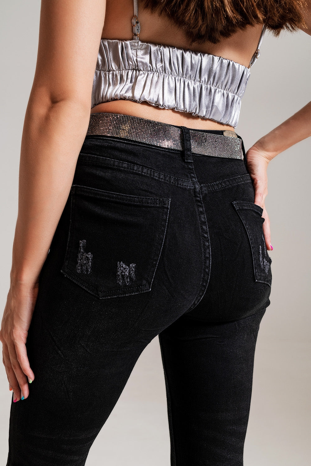 Skinny Jeans Con Dettagli Imbottiti in Tinta Nera