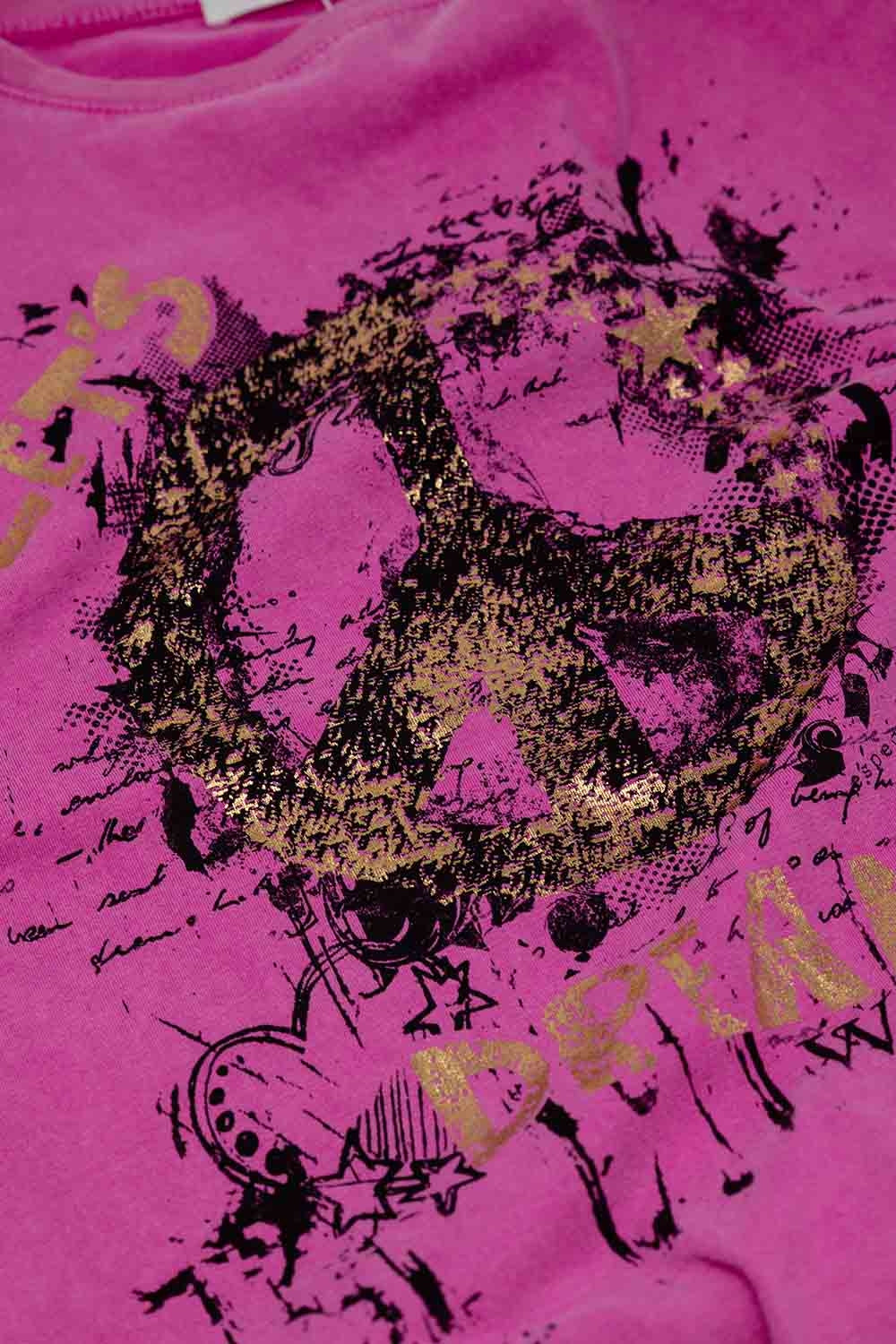 T-shirt a maniche corte con grafica Peace Sign sul davanti in fucsia