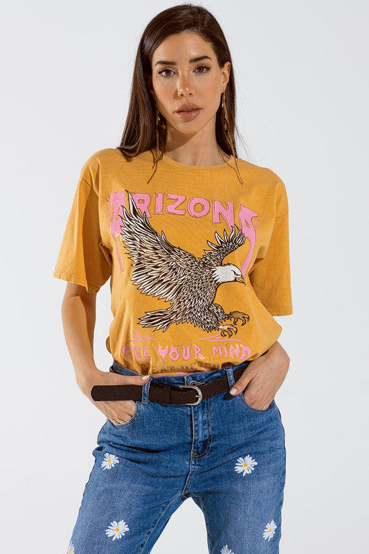 Q2 T-shirt Arizona con stampa digitale dell'aquila in arancione