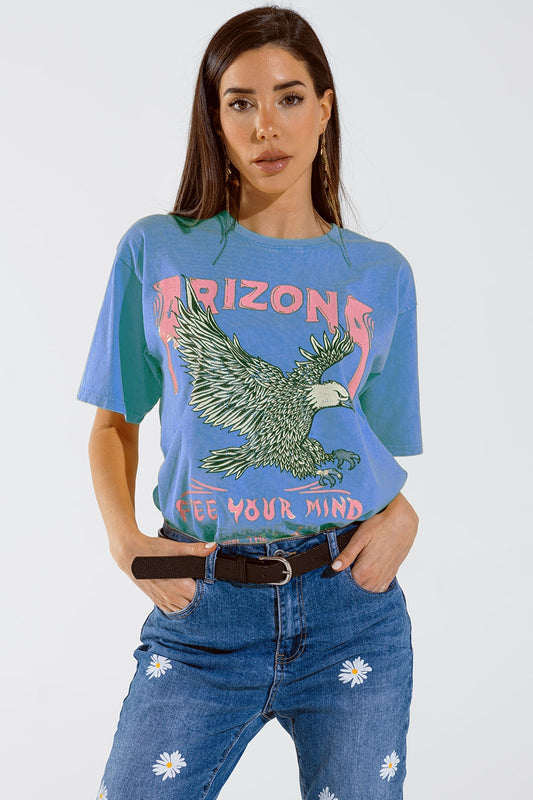 Q2 T-shirt Arizona con stampa digitale dell'aquila in blu