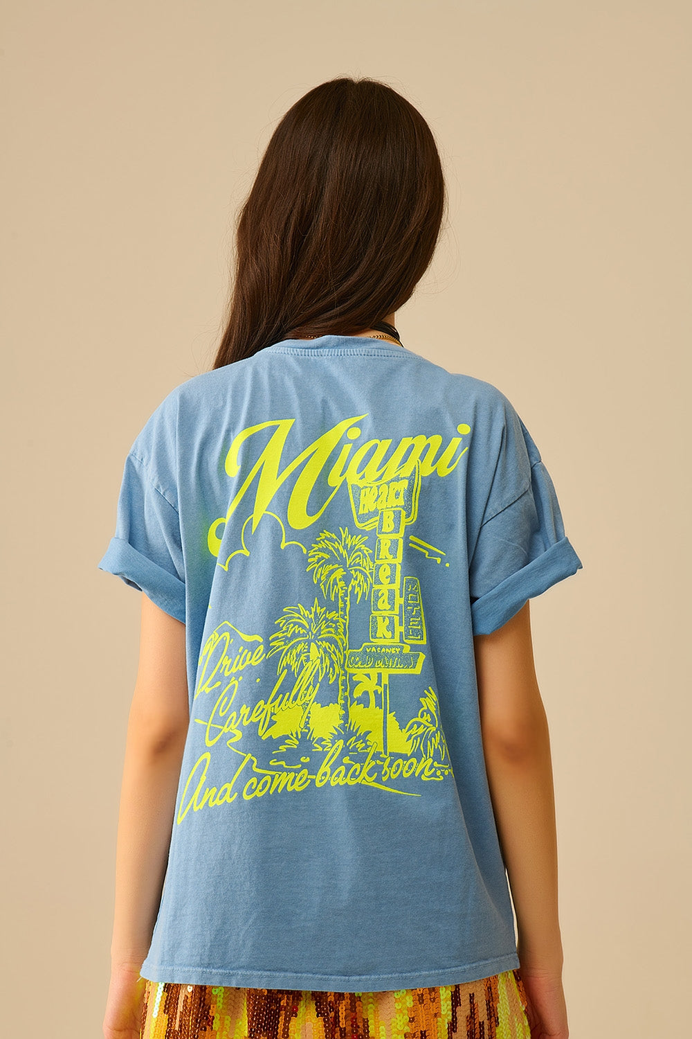 T-shirt blu con stampa del logo Miami in giallo