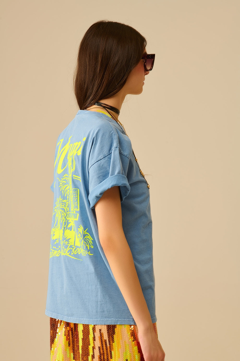 T-shirt blu con stampa del logo Miami in giallo