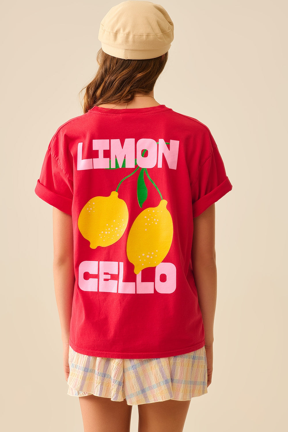 t-shirt rossa rilassata con stampa di limoni made in Italy