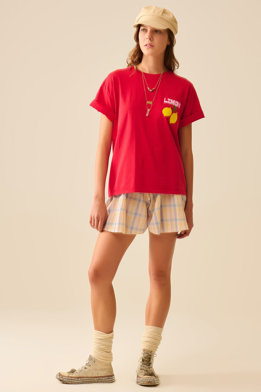 t-shirt rossa rilassata con stampa di limoni made in Italy