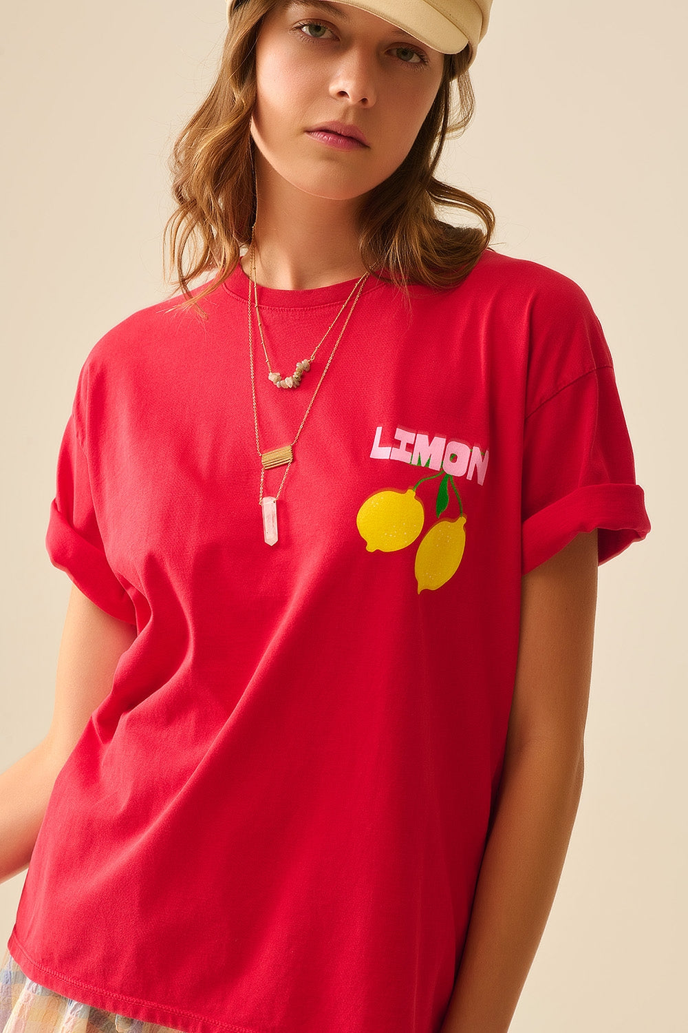 t-shirt rossa rilassata con stampa di limoni made in Italy